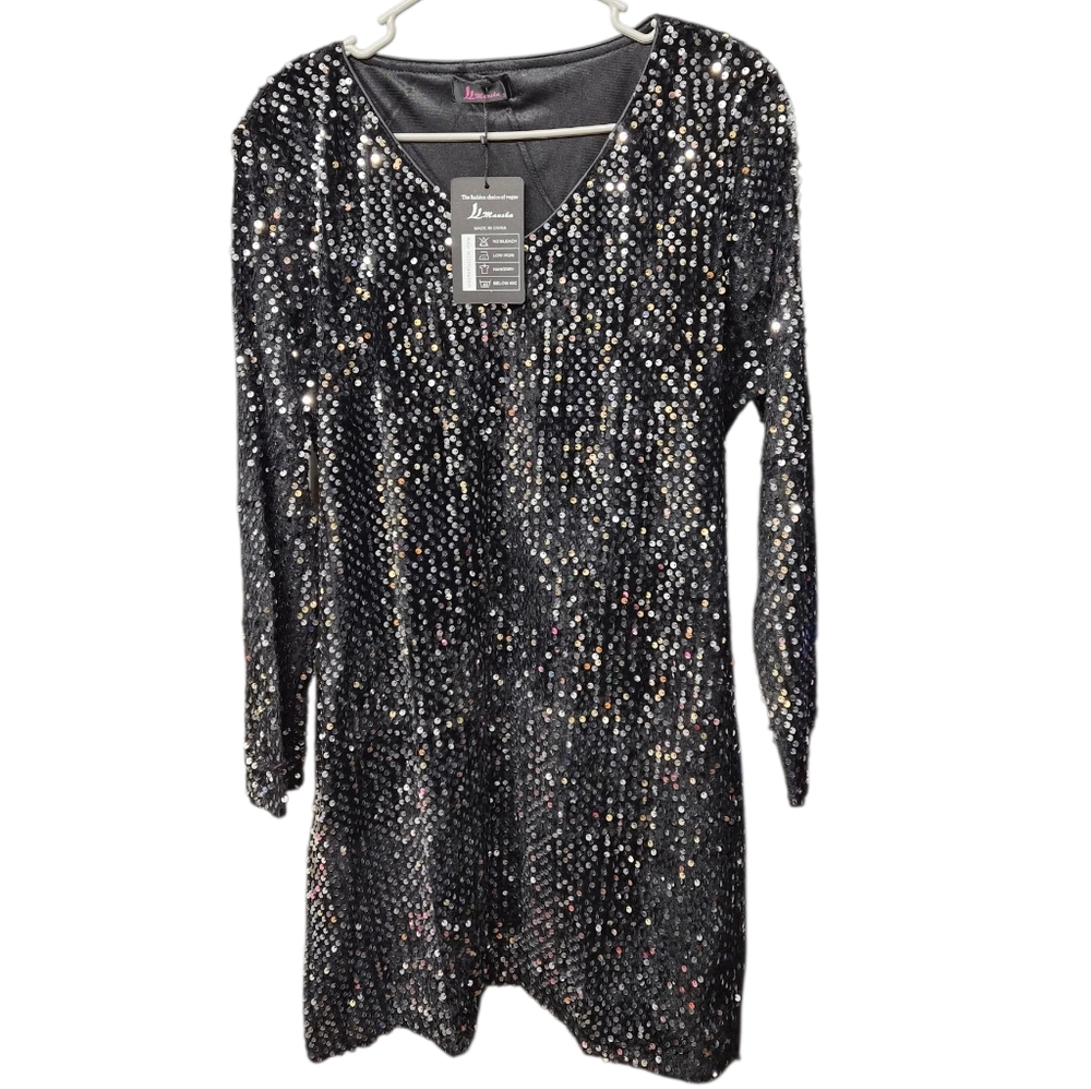 Mansha Black Sequin V Neck Dress Size Small